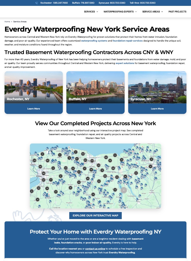 Screenshot of the Everdry Waterproofing New York service areas page