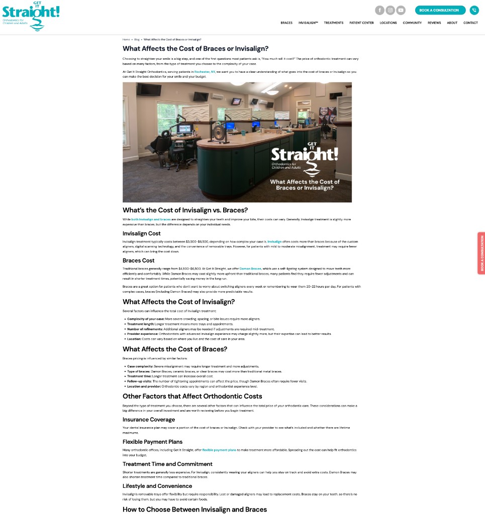 Screenshot of a Get It Straight blog article on the cost of braces or Invisalign
